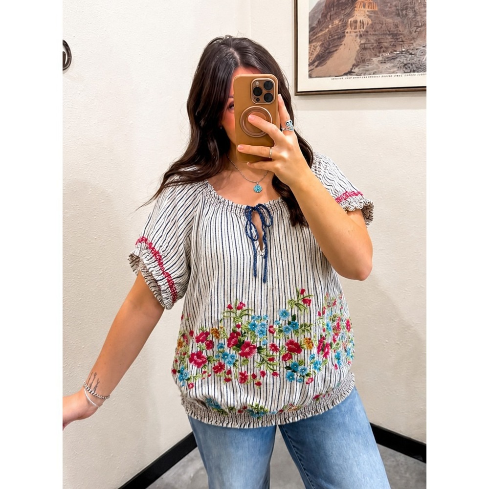 Johnny Was Embroidered Stripe Top S Puff Sleeve Smocked J3 Workshop Boho Cotton - Picture 2 of 12